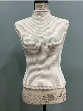 MAG Chunky Knit Sleeveless Turtleneck Sweater Vest Cotton Ivory Layering Top